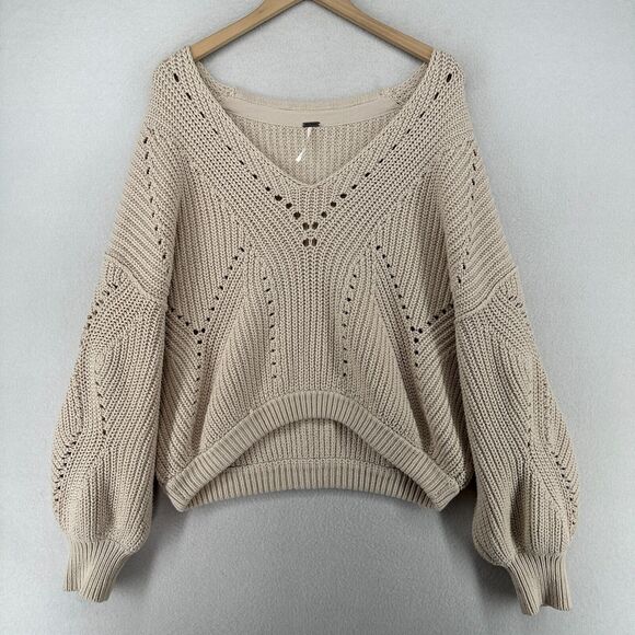 Free People Sweaters - FREE PEOPLE Sweater M All Day Long V-Neck Chunky Textured Cotton Blend Beige